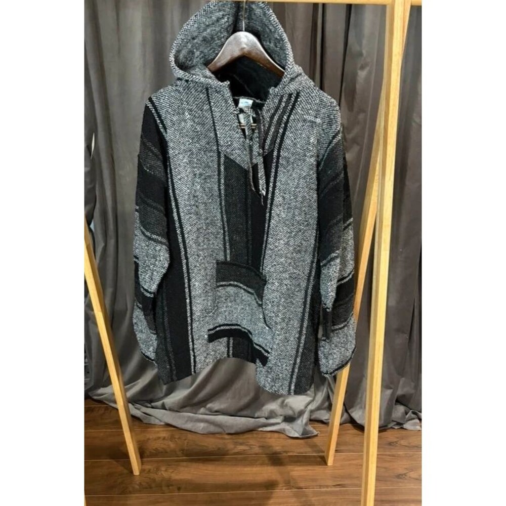 Vintage La Malinche Mexican Baja Hoodie Black Grey poncho Jerga Medium